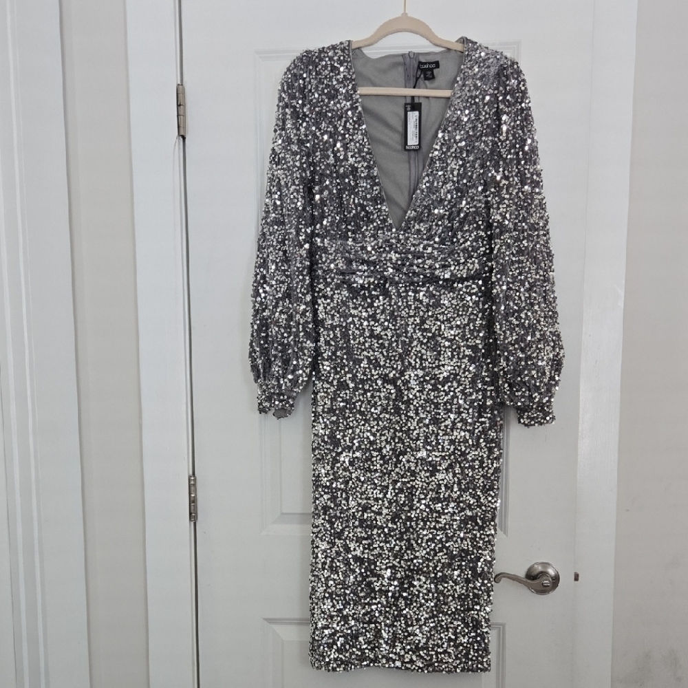 Boohoo Silver Sequin Midi Dress - Picture 3 of 5